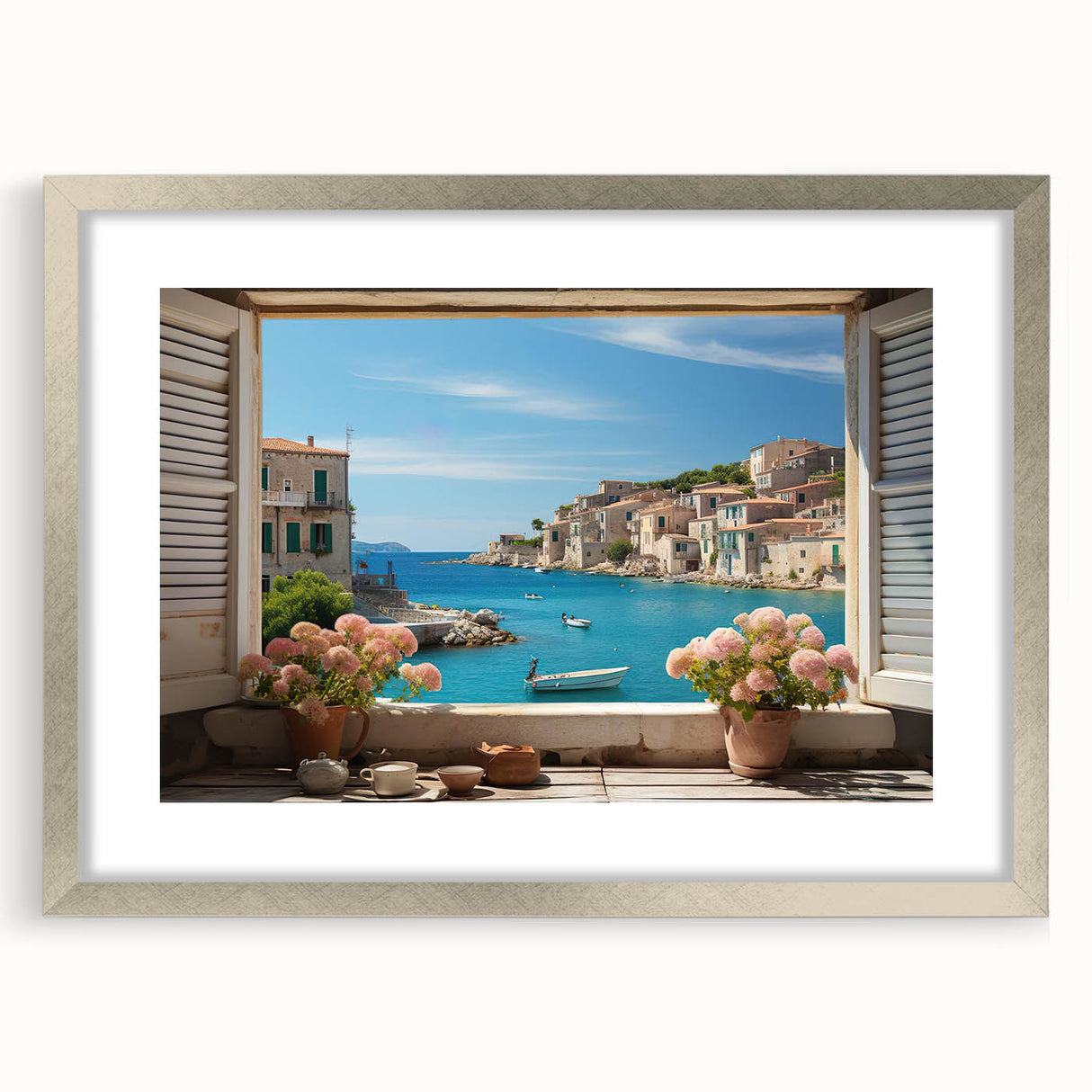Abstract art print featuring geometric shapes in muted grays and blues, framed in silver.