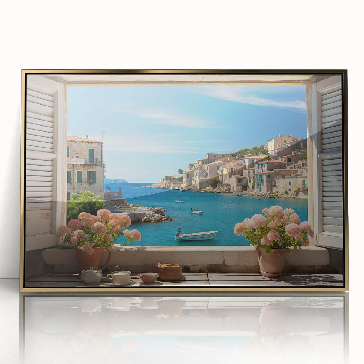 Mid-century modernist art depicting architectural windows in gold and black acrylic, framed, suitable for nursery wall decor.