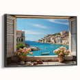 Black and white framed canvas featuring a vintage-style landscape painting, ideal for bedroom wall art.
