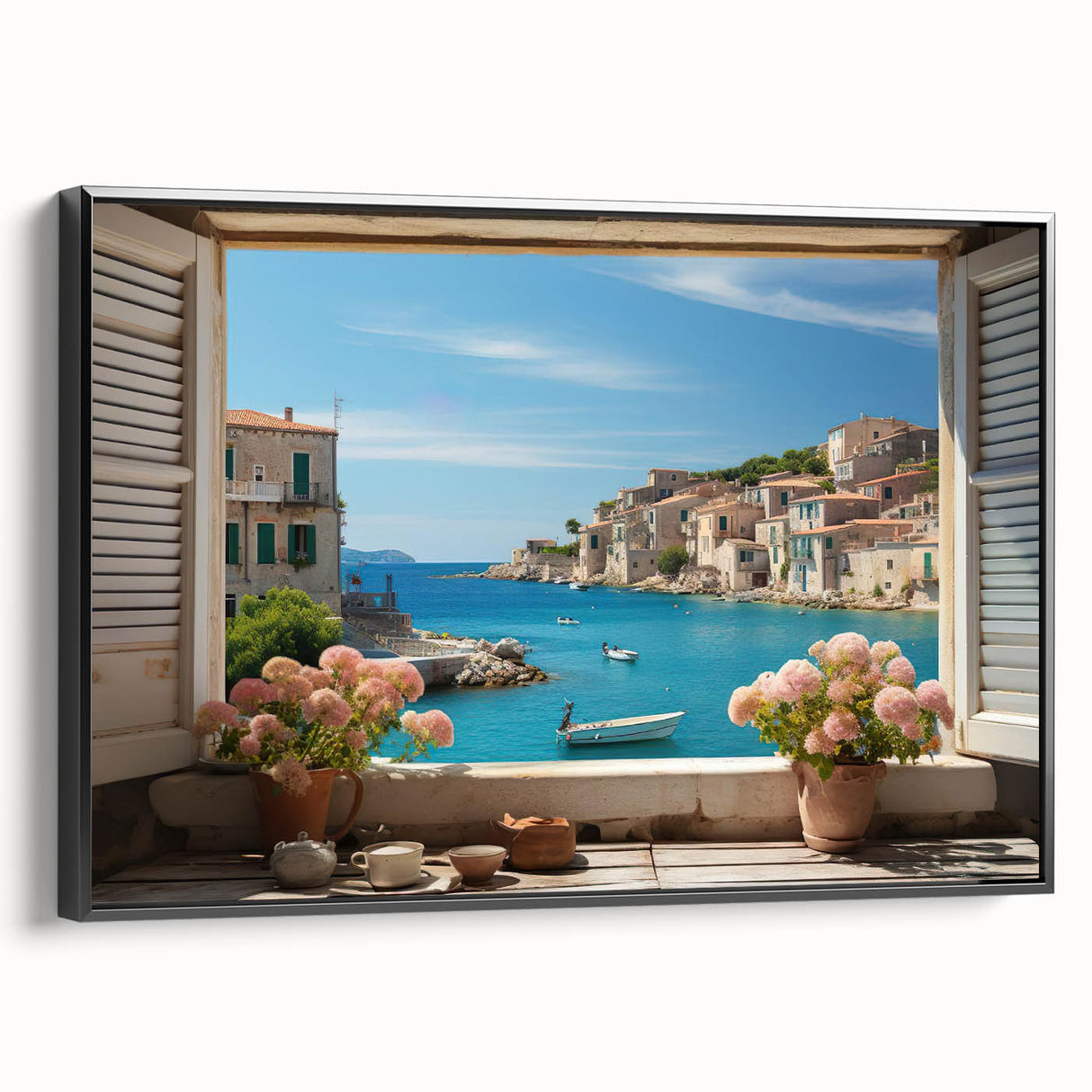 Black and white framed canvas featuring a vintage-style landscape painting, ideal for bedroom wall art.
