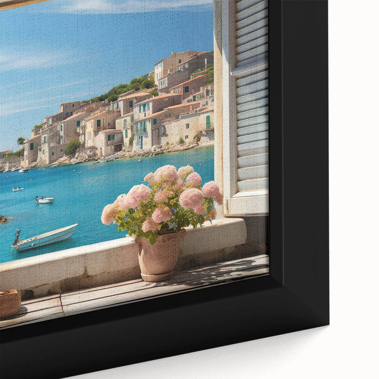 Close-up of black wall art featuring a colorful, textured window design on a framed canvas, ideal for living room decor.