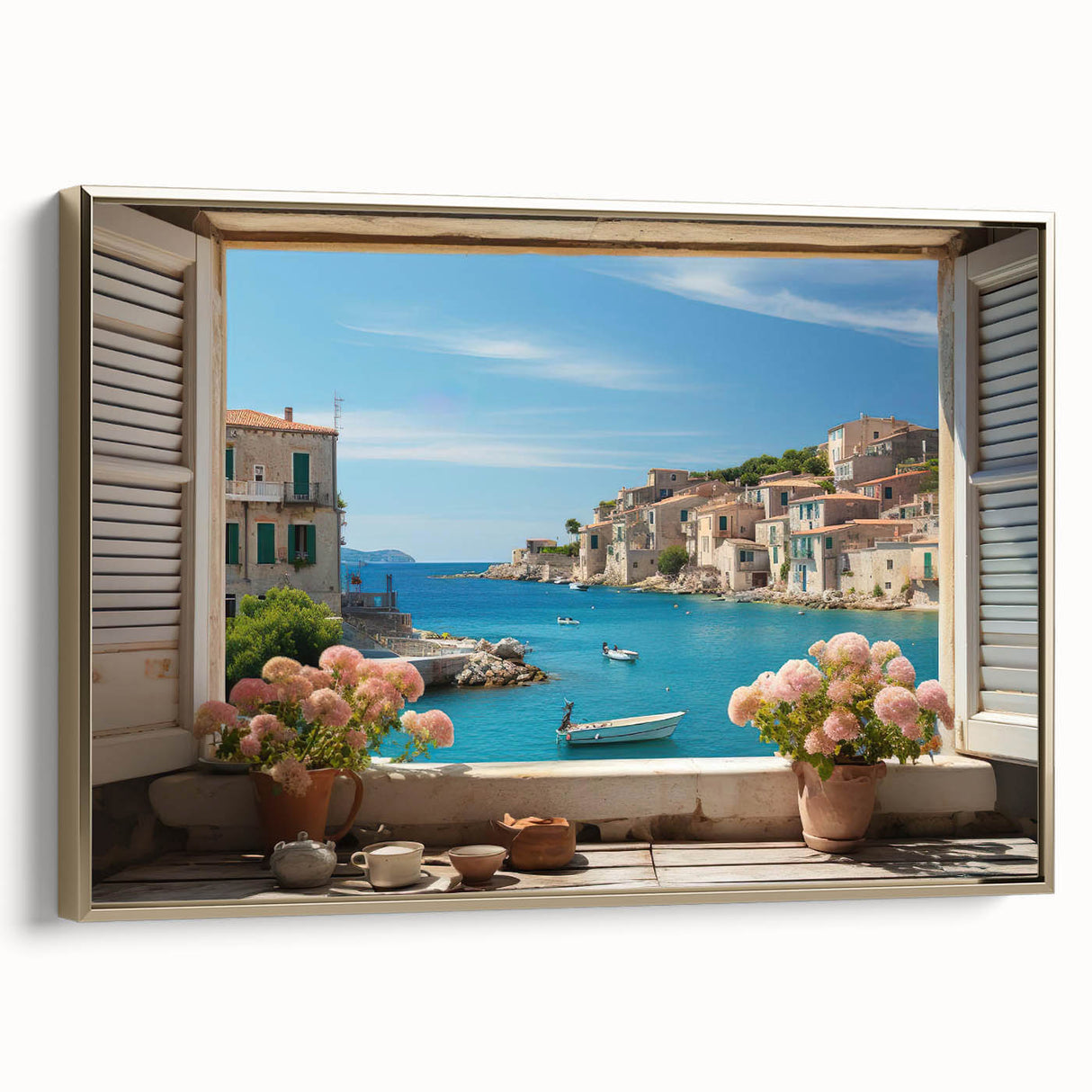 Framed canvas featuring a vintage poster of a landscape painting with vibrant colors on a black background.