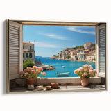 Framed canvas featuring a vintage poster of a landscape painting with vibrant colors on a black background.