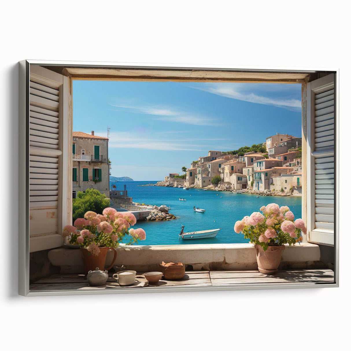Vintage poster art featuring colorful architecture window designs on a large framed canvas, ideal for living room decor.