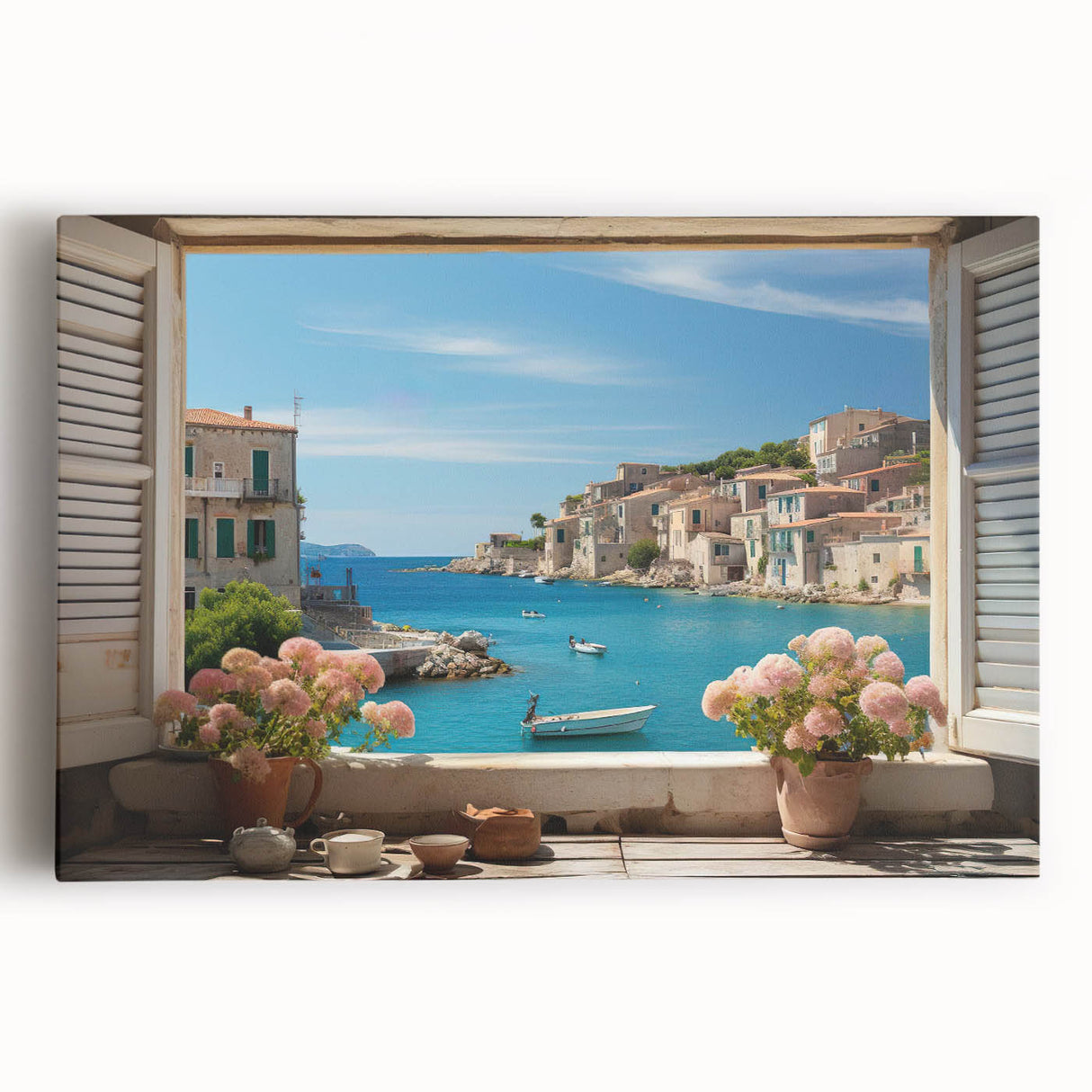 Large black and white photo of an architectural window design on stretched canvas, ideal for kitchen wall art.