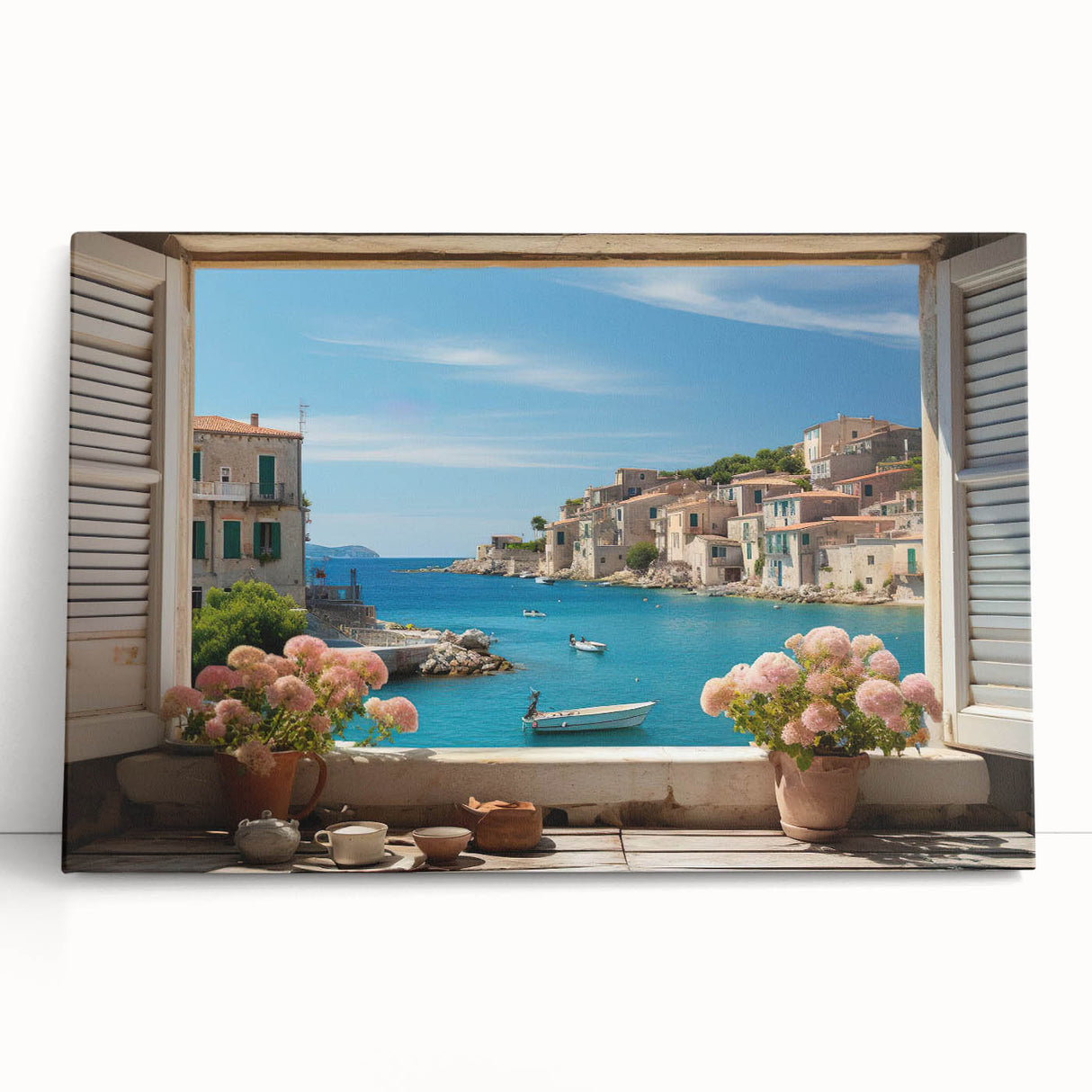 Monochrome large art of a geometric window design on stretched canvas, ideal for kitchen wall art or bedroom decor.