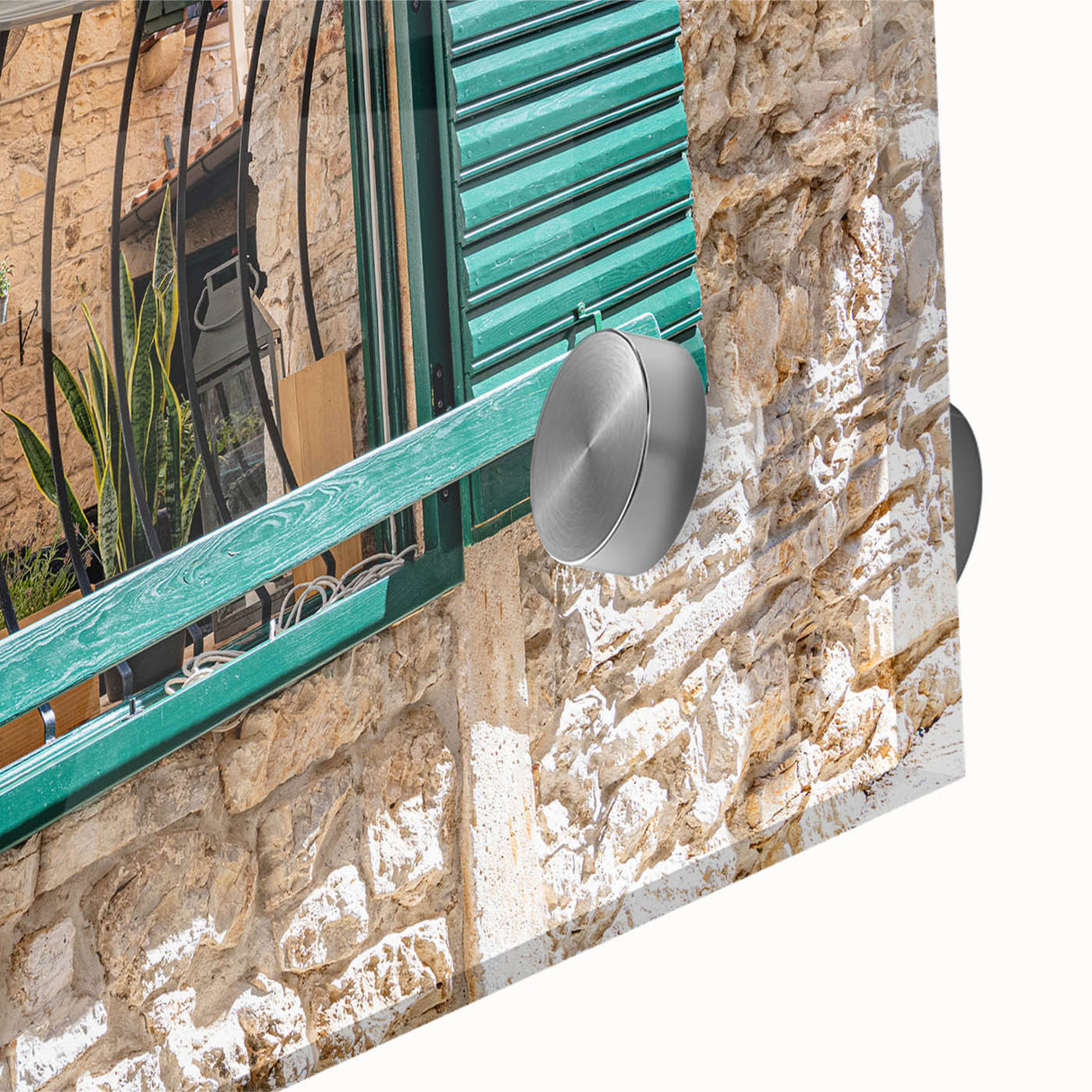 Mid-century modernist large abstract wall art on acrylic glass, featuring geometric shapes in muted earth tones.