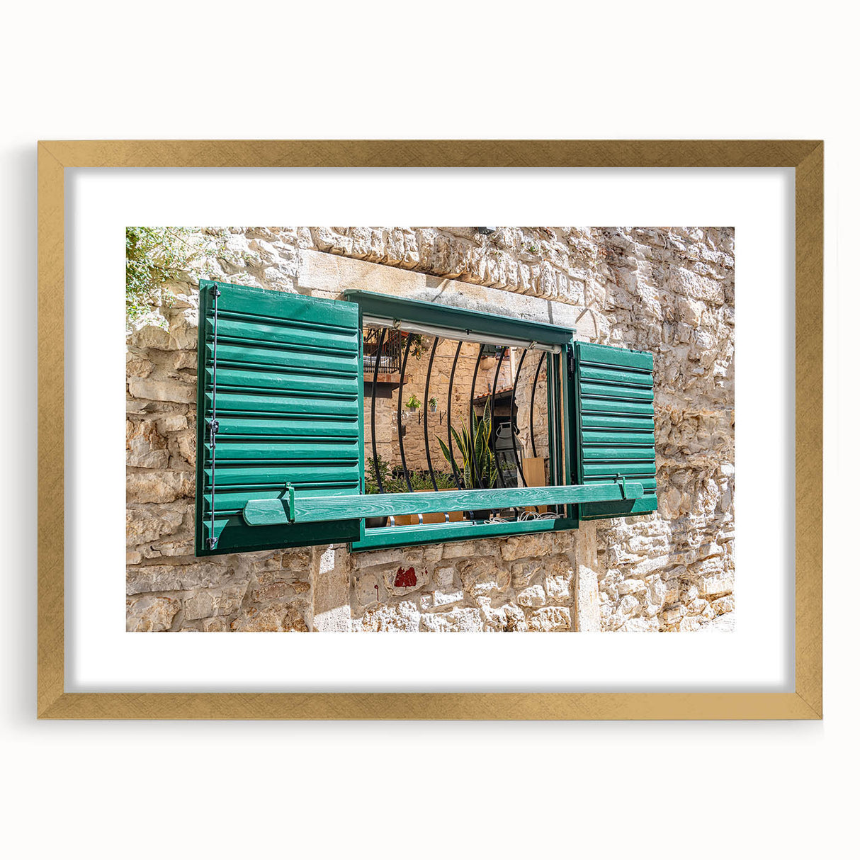 Textured abstract art print featuring a repetitive window design in muted gold and beige tones on a framed canvas.