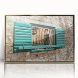 Mid-century modernist art of geometric patterns in gold and black on an acrylic framed poster.