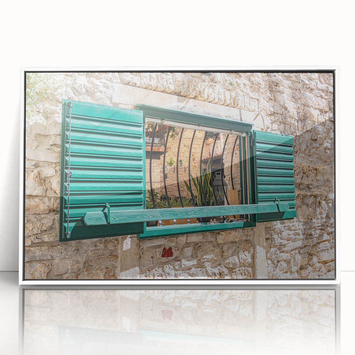 Mid-century modernist acrylic print of architectural windows in black and white, ideal for modern art wall decor.