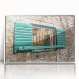 Mid-century modernist acrylic print of architectural windows in black and white, ideal for modern art wall decor.