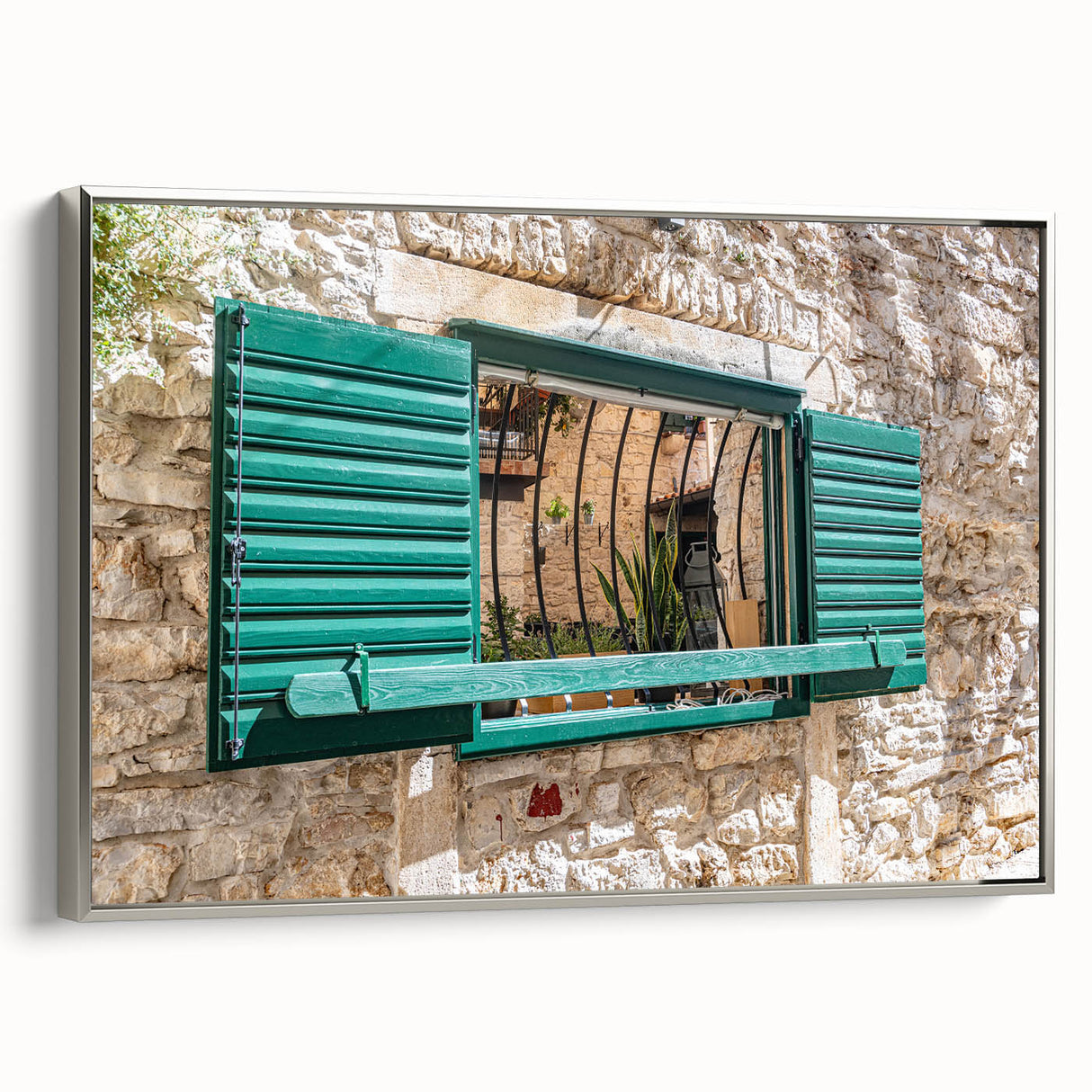 Vintage poster art of a detailed architectural window design in black and vibrant colors on a large framed canvas.