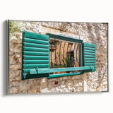 Vintage poster art of a detailed architectural window design in black and vibrant colors on a large framed canvas.