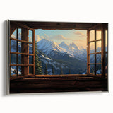 Vintage poster art of an architectural window design in black and colorful accents on a framed canvas.