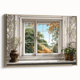Framed canvas featuring a landscape art painting of a vintage-style window design with black and colorful art accents.