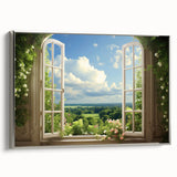 Vintage poster art of an architectural window design in black and colorful tones on a large framed canvas.
