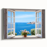 Vintage poster art of an architectural window design on a framed canvas, featuring black and colorful elements.