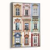 Vintage poster art of a black and colorful architectural window design on a silver-framed, extra large canvas.