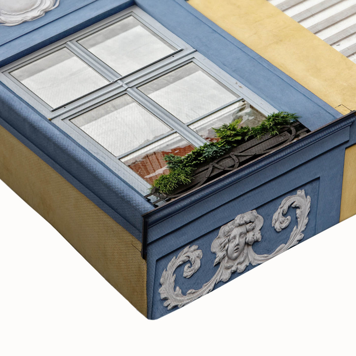 Black and white landscape art painting on stretched canvas depicting an architectural window design.