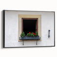 Black and white framed canvas of a vintage window design in a landscape layout, suitable for bedroom wall art.