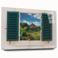 Large abstract wall art on acrylic glass, featuring geometric window designs in muted tones.