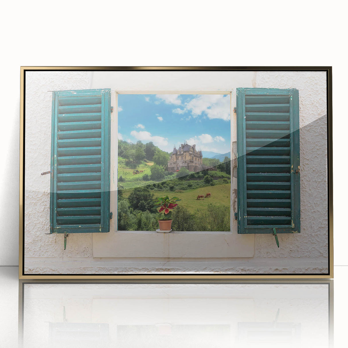 Mid-century modernist art of geometric patterns, acrylic print in gold frame, suitable for nursery wall art.
