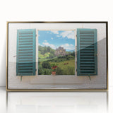 Mid-century modernist art of geometric patterns, acrylic print in gold frame, suitable for nursery wall art.