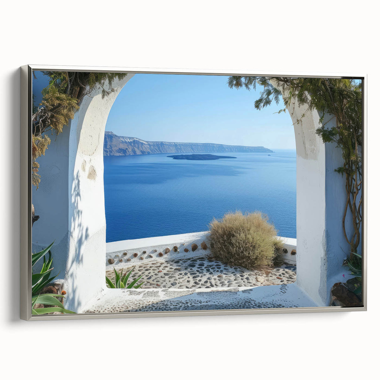 Vintage poster art of an architectural window design on a silver-framed canvas, ideal for living room decor.