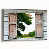 Vintage poster art featuring a silver-framed canvas with black and colorful architectural window designs.
