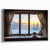 Vintage poster art of an architectural window design in black and colorful hues on a framed canvas.