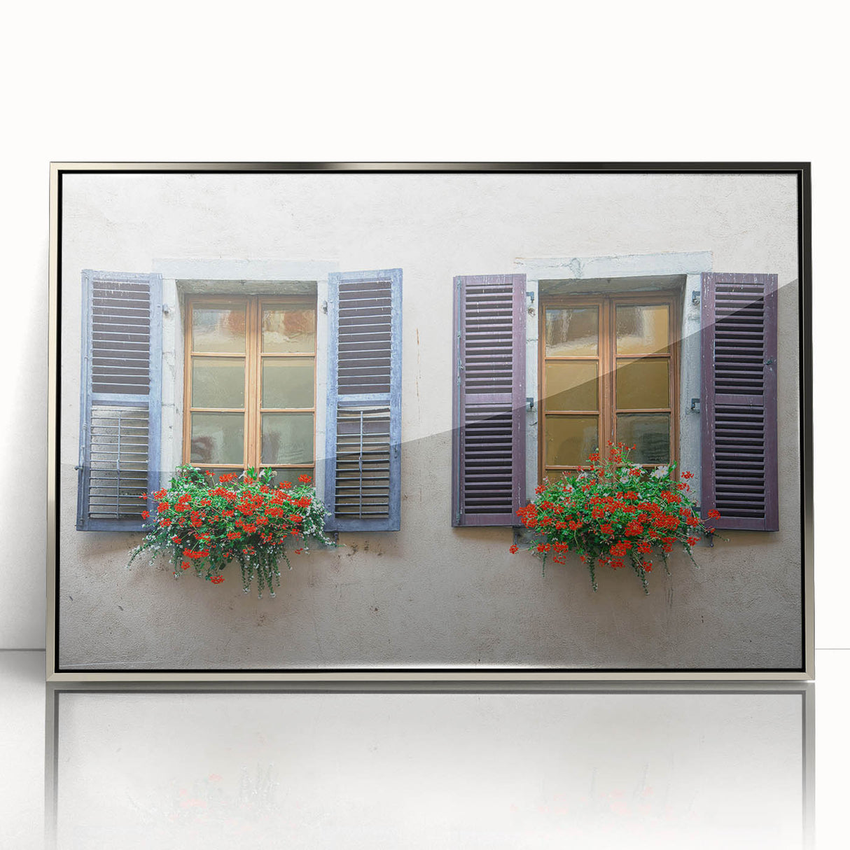 Art deco poster featuring a geometric window design in silver and gray tones, acrylic print framed.