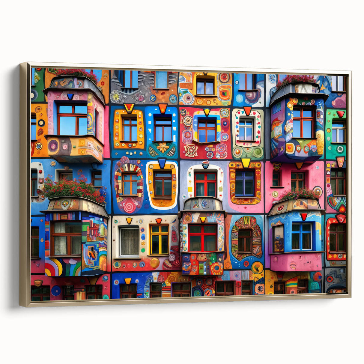 Framed canvas featuring a vintage poster of a colorful landscape art painting, with a dominant black border.