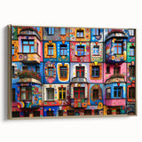 Framed canvas featuring a vintage poster of a colorful landscape art painting, with a dominant black border.