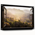 Large abstract wall art on acrylic glass depicting geometric window designs in muted gray.