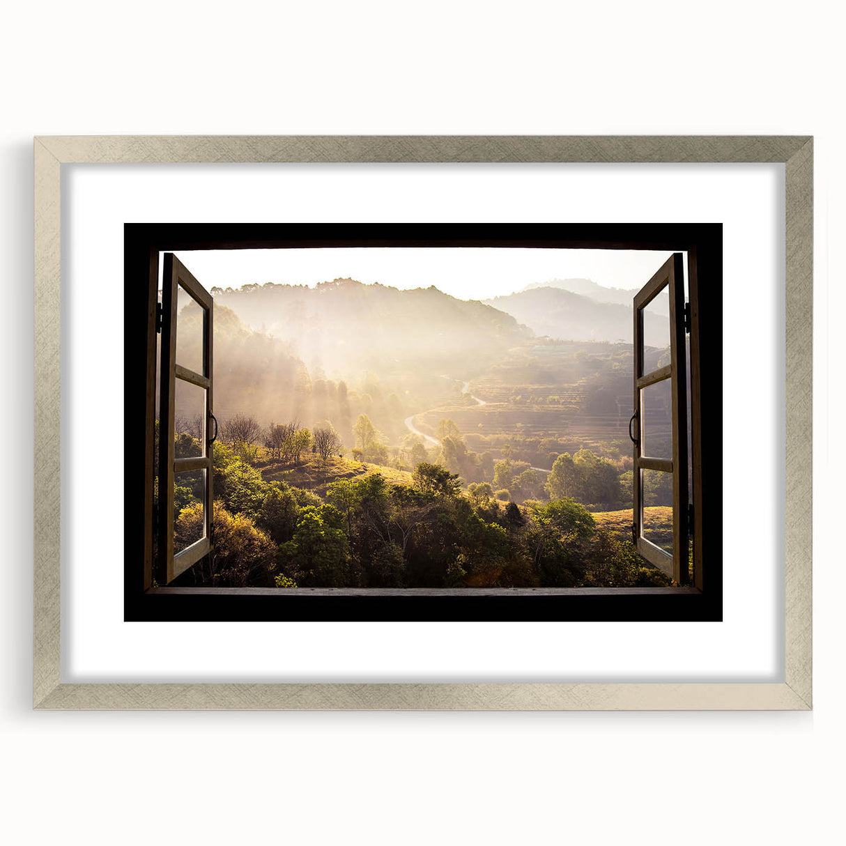 Abstract art print featuring geometric patterns in gray and silver, framed with a silver mat.