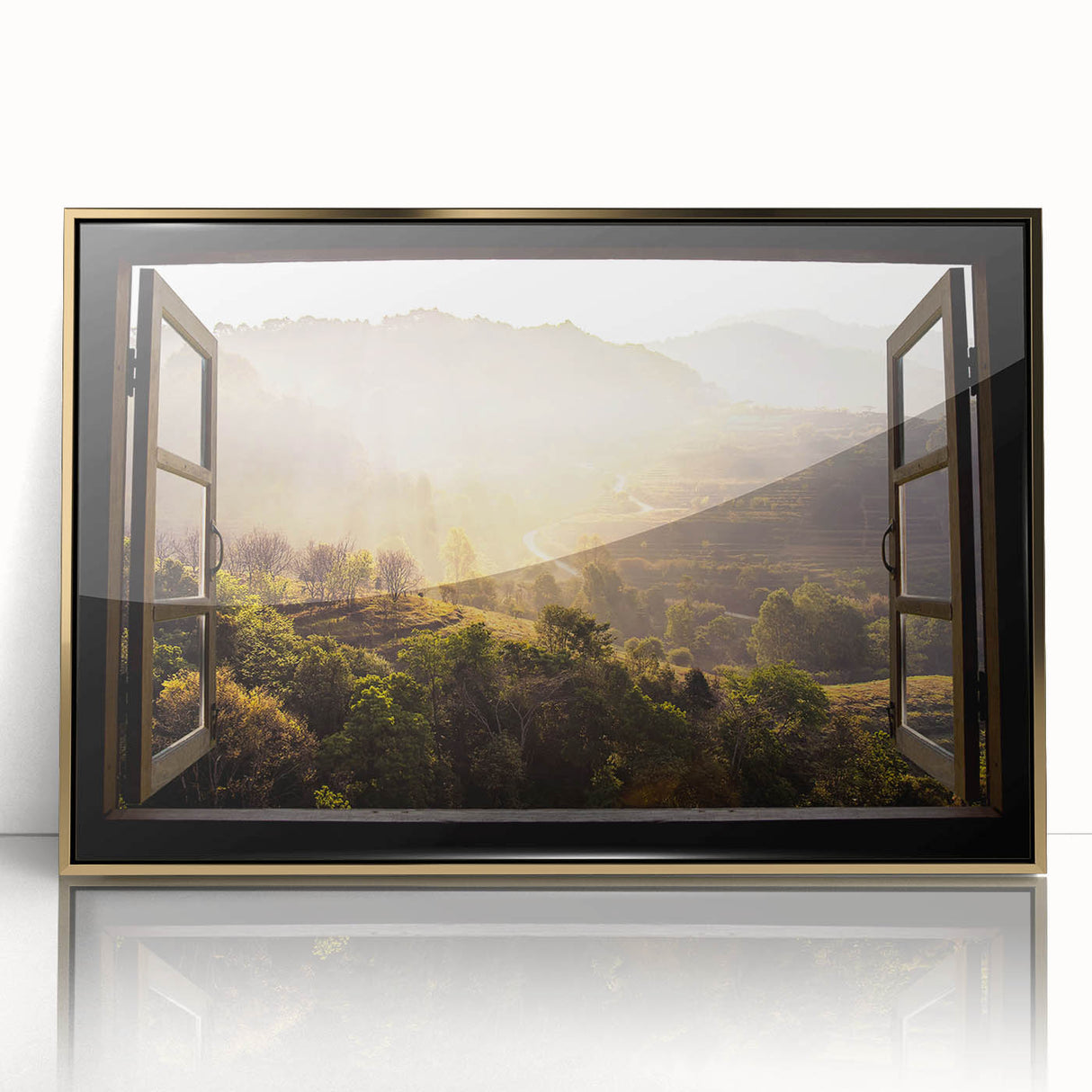 Mid-century modernist art on acrylic, featuring geometric window designs in gold tones, ideal for nursery wall decor.