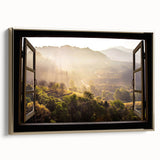 Framed canvas featuring a vintage poster of a colorful landscape with black architectural elements, ideal for office decor.