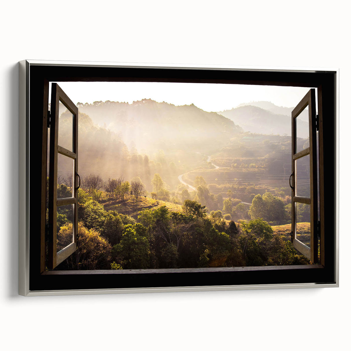 Vintage poster art of colorful, abstract window design on a large framed canvas, ideal for living room decor.