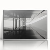 Large art print of a mid-century modernist architectural window design in muted gray and white tones on framed acrylic.
