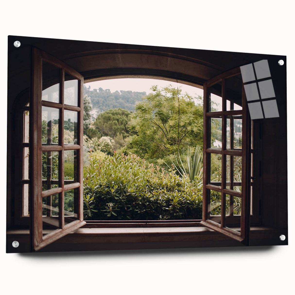 Large abstract wall art on acrylic, featuring a geometric window design in cool blue and white tones.