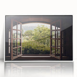 Mid-century modernist large art print of an architectural window design in muted gray tones, framed in white acrylic.