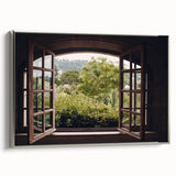 Vintage poster art of an architectural window design in colorful tones on a large framed canvas, ideal for living room decor.