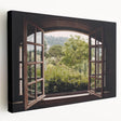 Large stretched canvas featuring a close-up view of intricate window architecture in monochrome, ideal for kitchen wall art.