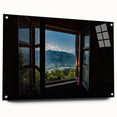 Large abstract wall art on acrylic glass featuring a geometric window design in muted gray tones.