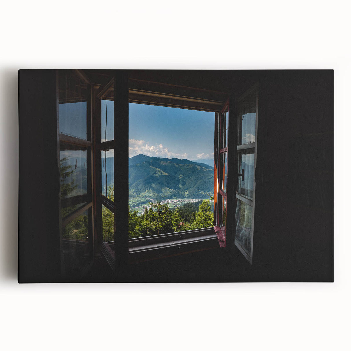 Black and white photo of an intricate window design on stretched canvas, ideal for kitchen wall art.