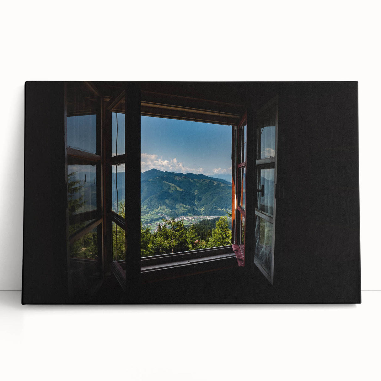 Black and white photograph of an architectural window design on stretched canvas.