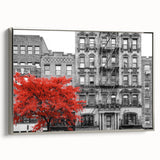Vintage poster art of an architectural window design in black and colorful hues on a silver-framed, extra large canvas.