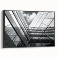 Framed canvas featuring a black and white abstract architectural landscape, ideal for bedroom wall decor.