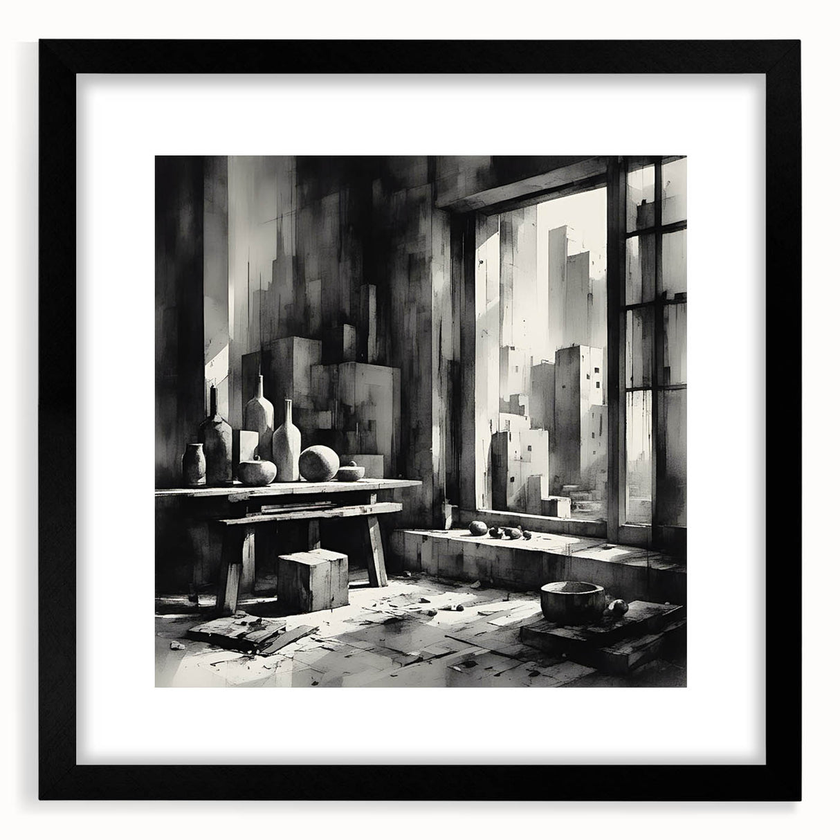 Brutalist Wall Art | Geometric Still Life with Concrete Cityscape | Canvas