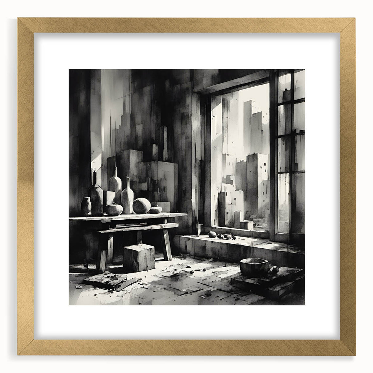 Brutalist Wall Art | Geometric Still Life with Concrete Cityscape | Canvas